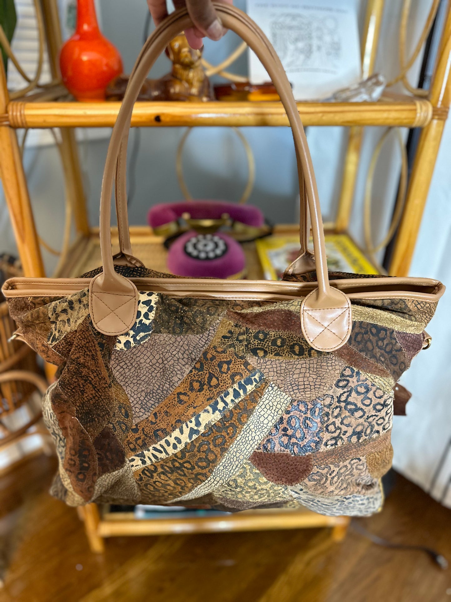 Vintage Genuine Leather Suede Oversized Tote Handbag