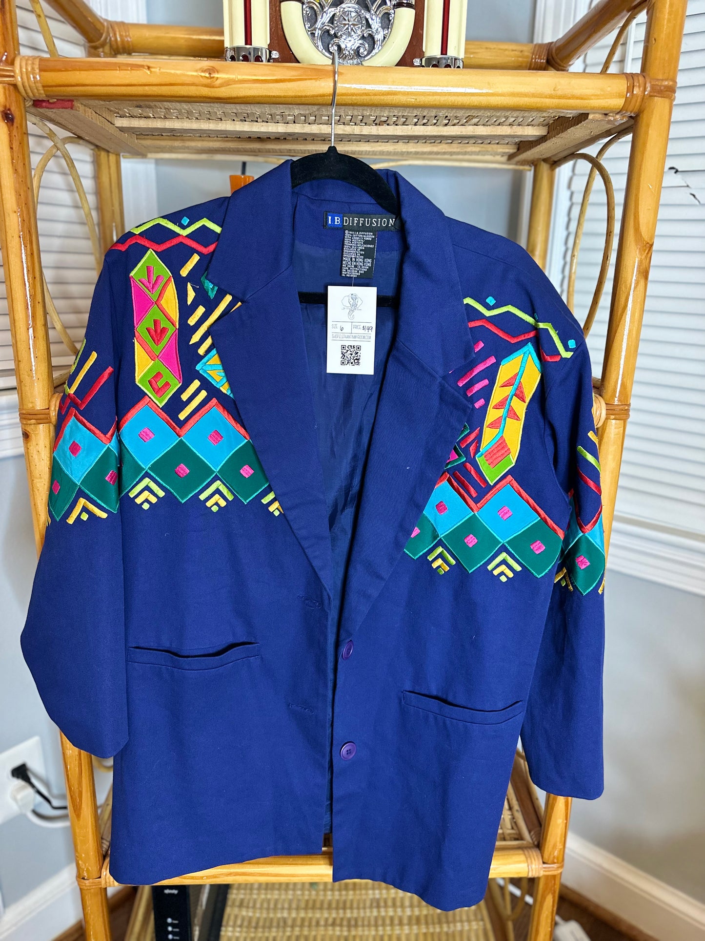Vintage 1993 I.B. Diffusion Navy Blue Colorful Embroidery Blazer
