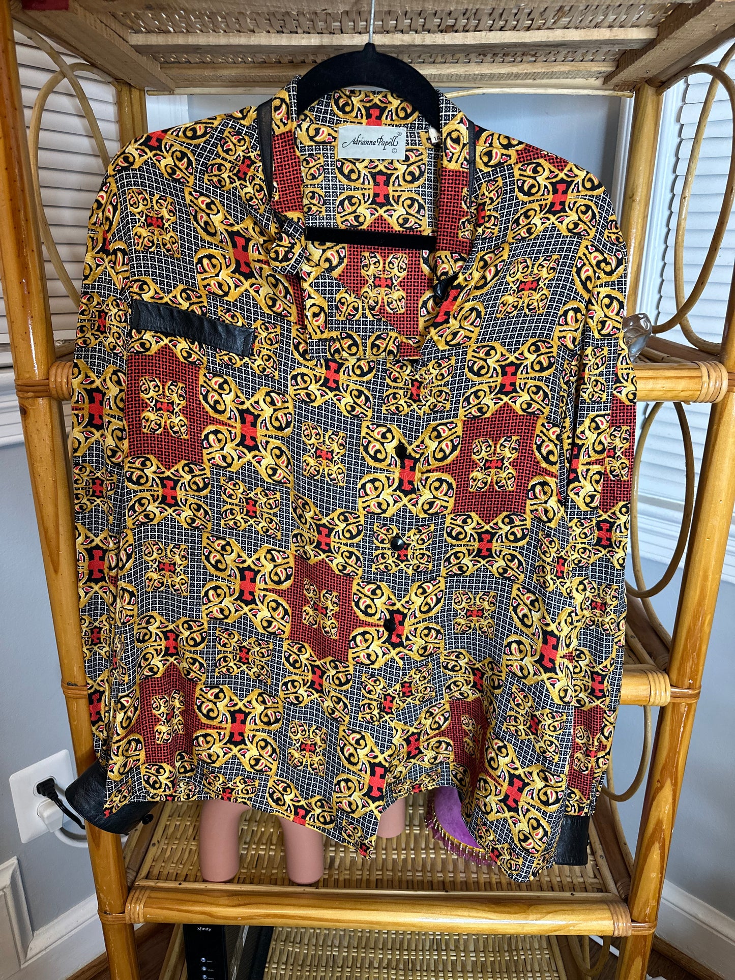 Vintage Adrianna Papell Mix Print With Faux Leather Trim Blouse