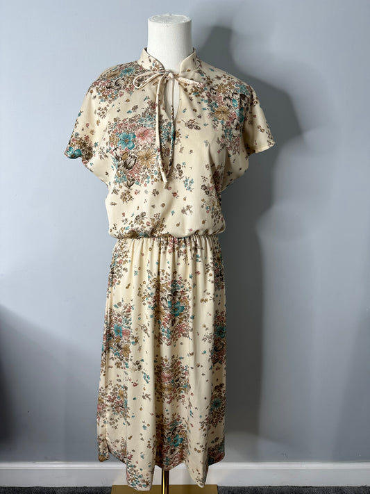 Vintage 60s 70s Tan Floral Dress