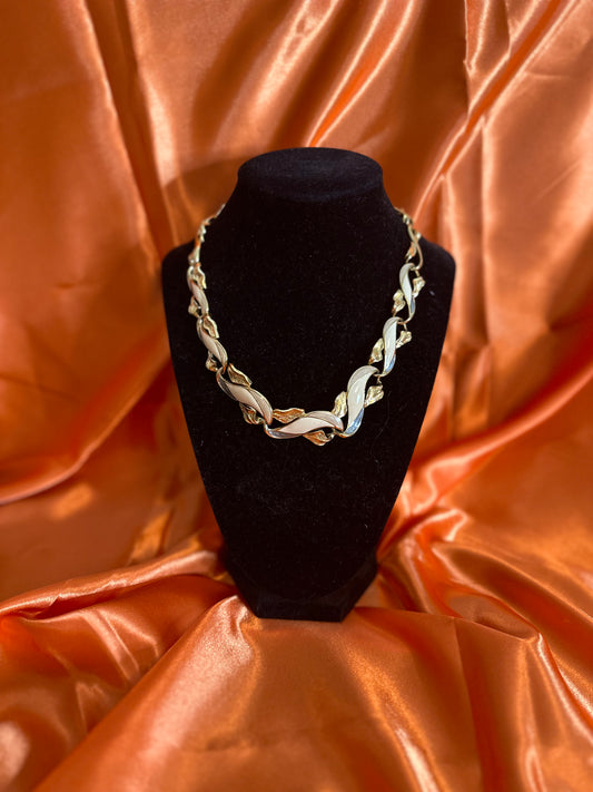 Vintage 1980’s Trifari Gold Cream Gray Enamel Choker Necklace