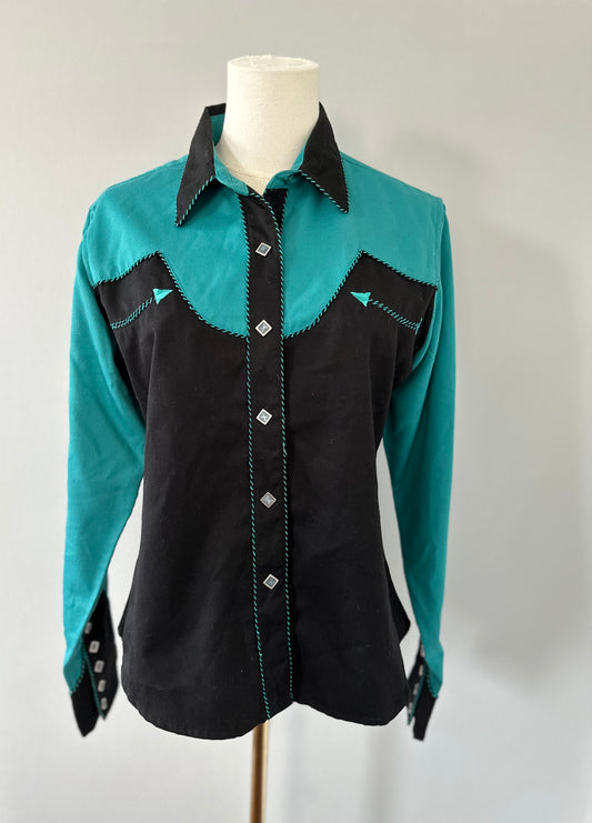 Panhandle Retro Embroidered Turquoise & Black Top