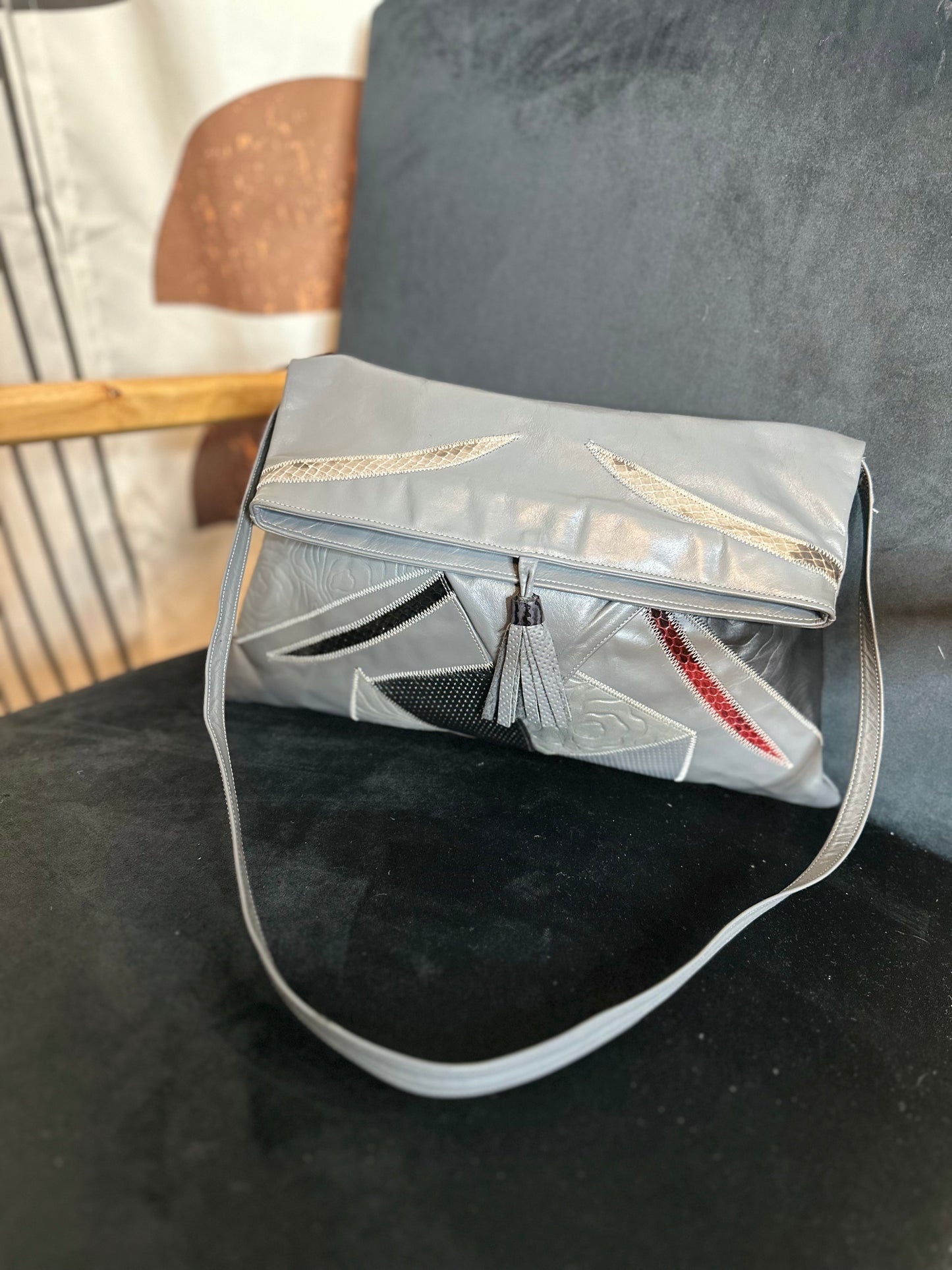 Vintage Gray Patchwork Shoulder Handbag