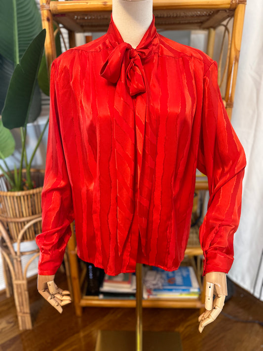 Vintage Red Pussy Bow Tie Button Down Blouse