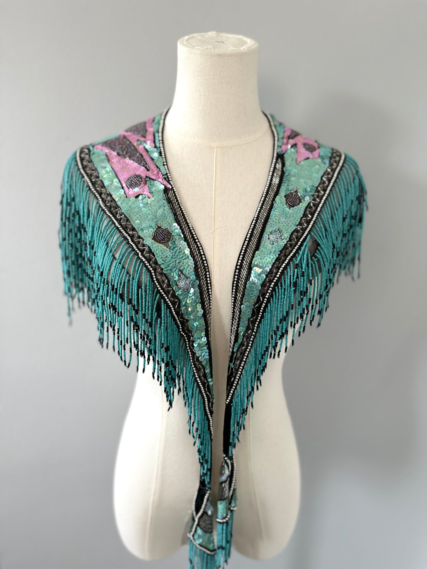 Vintage 1993 Sequin Fringe Beaded Tassel Shawl Collar