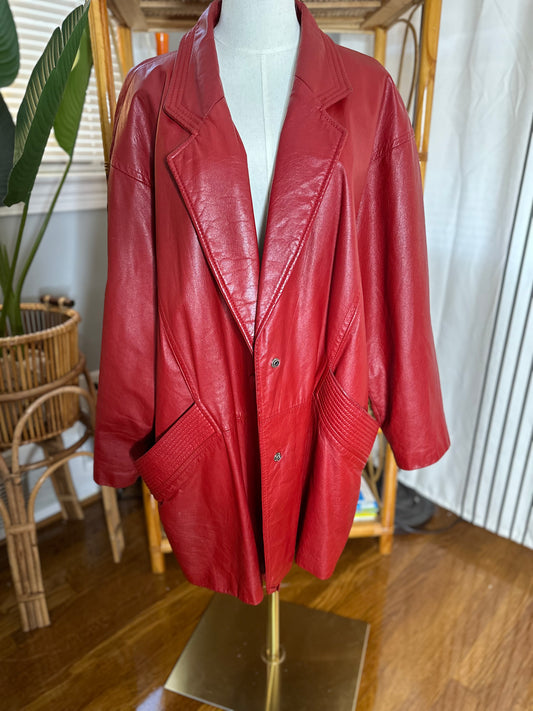 Vintage Red Genuine Leather Blazer Plus Size Coat