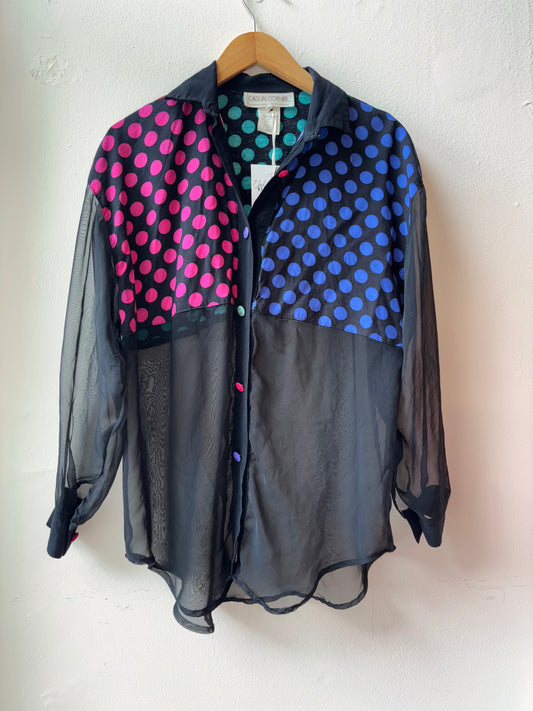 Vtg Colorblock Polka Dot Sheer Top [S]